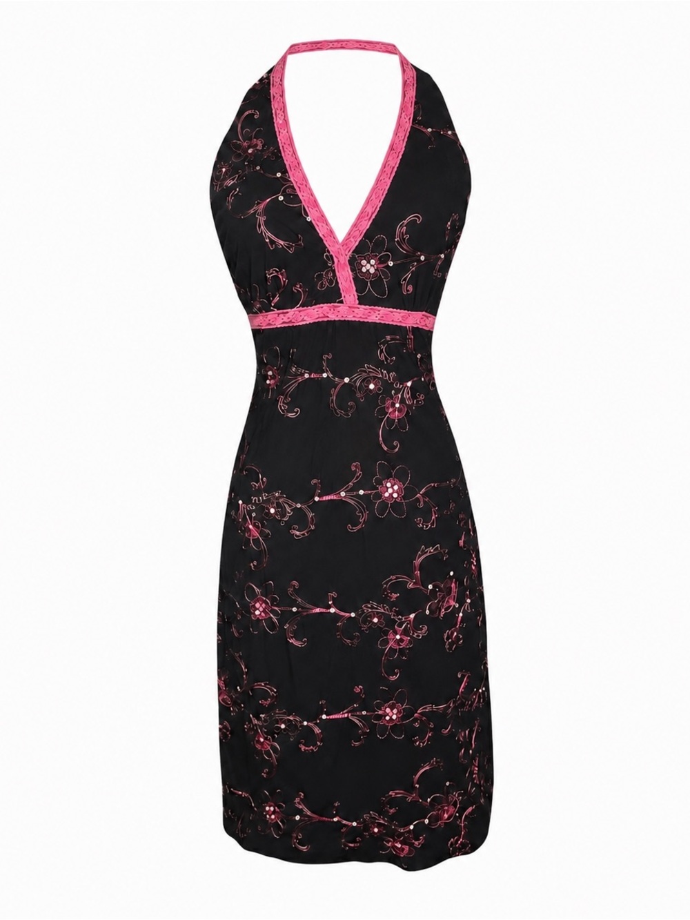 Vintage Y2K Von Mozart Black Pink Embroidered Sequin Halter Dress M